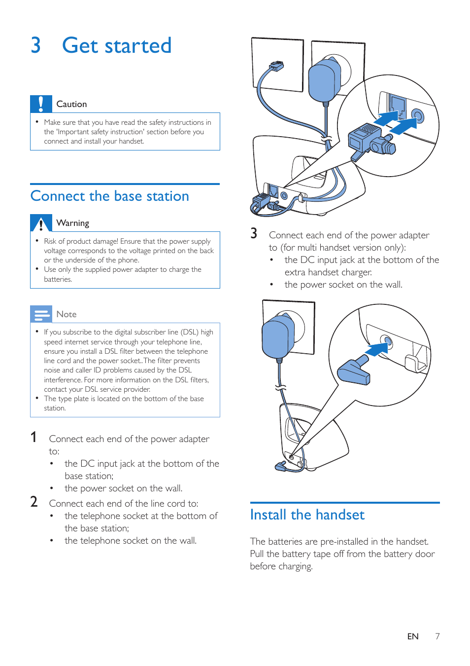 3 get started, Connect the base station, Install the handset | Philips CD190 User Manual | Page 9 / 36