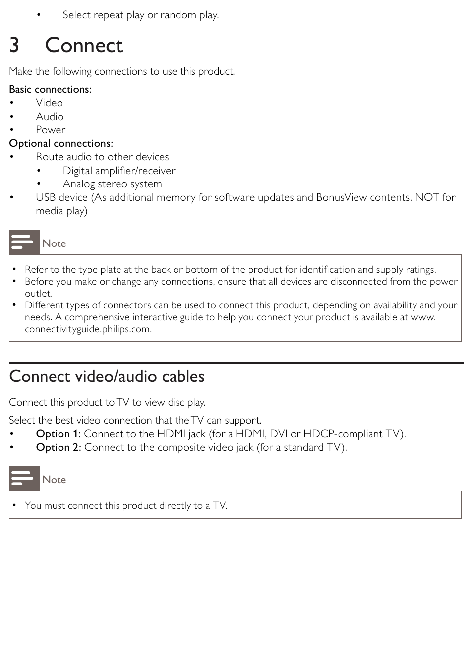 3 connect, Connect video/audio cables | Philips BDP2500/12 User Manual | Page 11 / 47