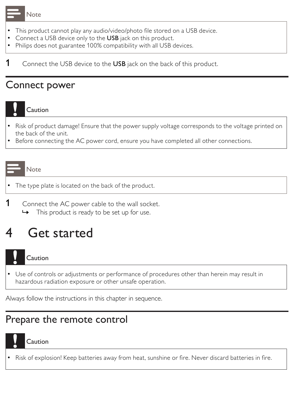 4 get started, Connect power, Prepare the remote control | Philips BDP2500/12 User Manual | Page 14 / 47