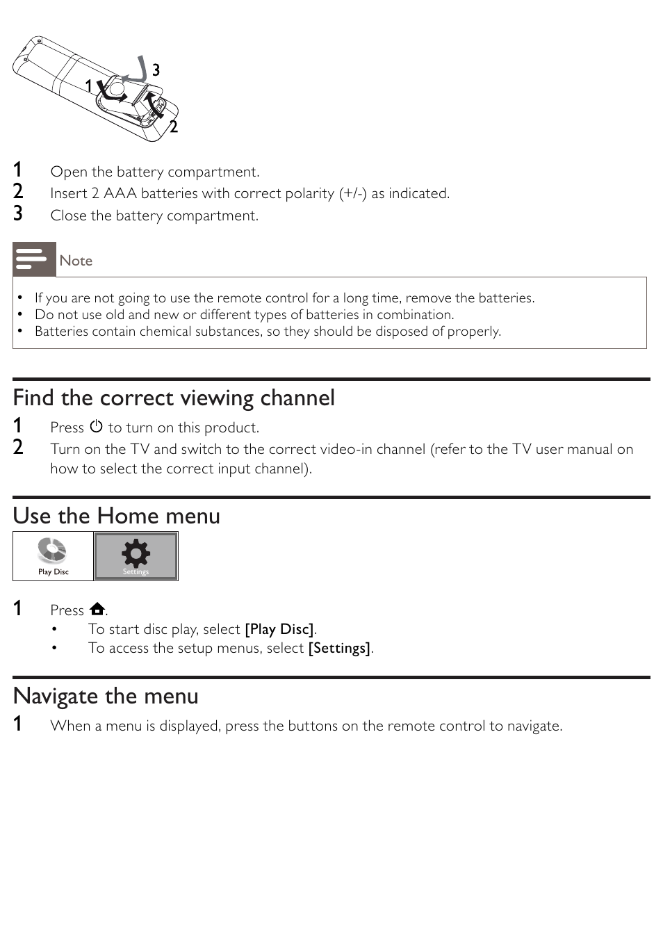 Find the correct viewing channel, Use the home menu, Navigate the menu | Philips BDP2500/12 User Manual | Page 15 / 47