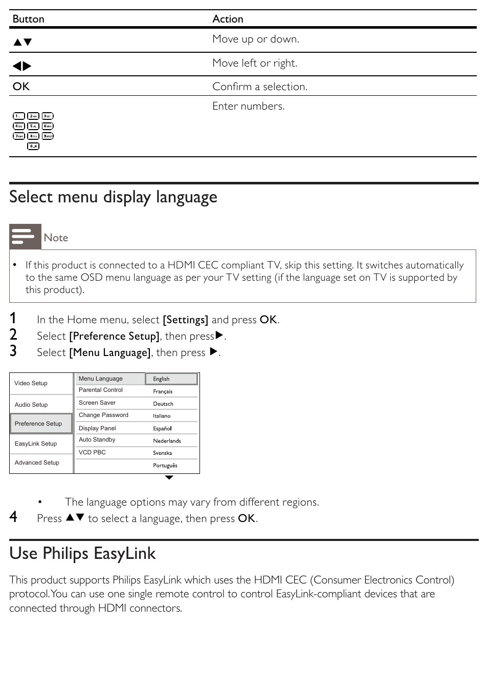 Select menu display language, Use philips easylink | Philips BDP2500/12 User Manual | Page 16 / 47