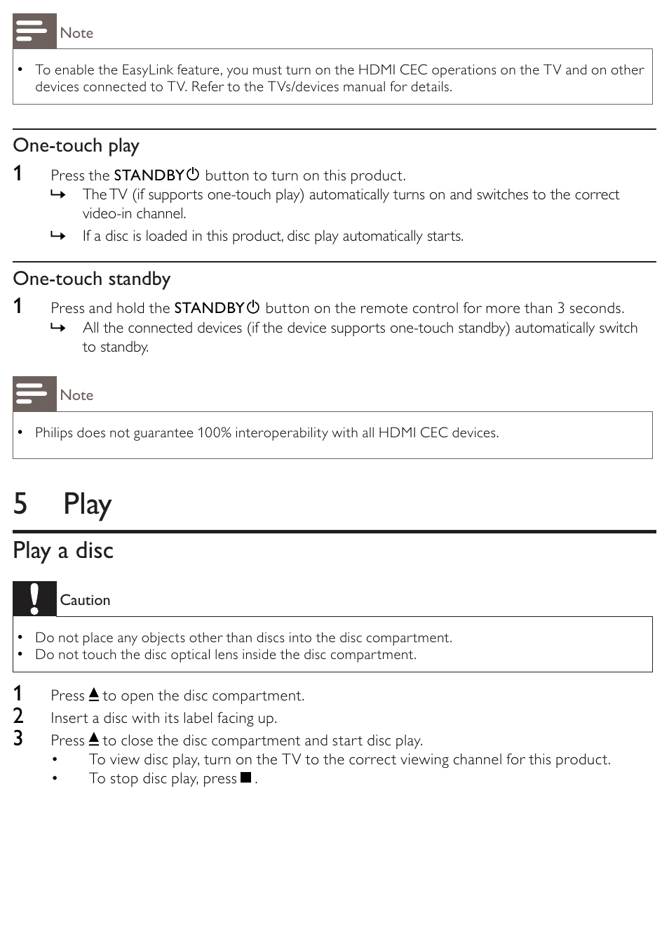 5 play, Play a disc, One-touch play | One-touch standby | Philips BDP2500/12 User Manual | Page 17 / 47