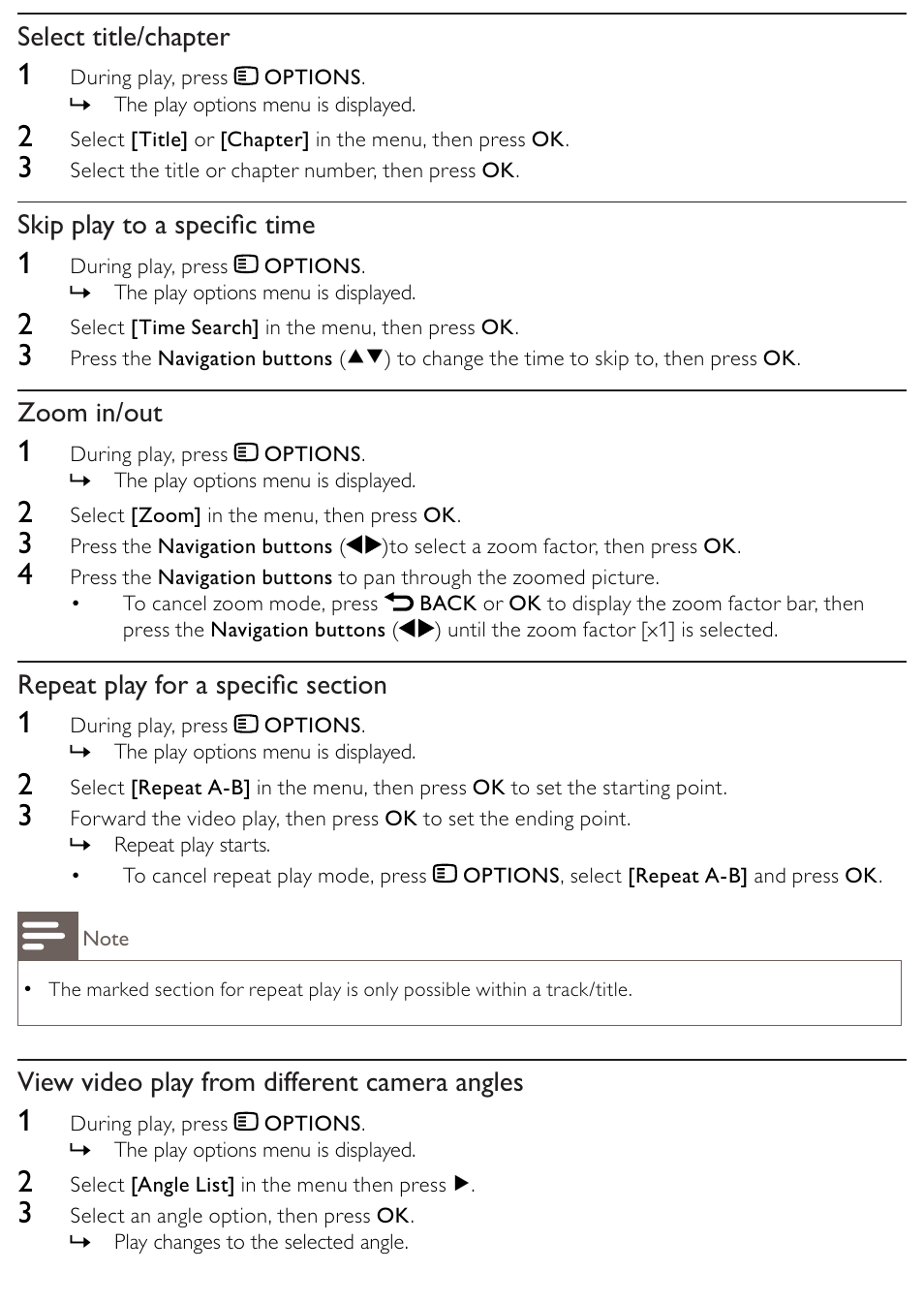 Select title/chapter, Skip play to a speciﬁc time, Zoom in/out | View video play from different camera angles | Philips BDP2500/12 User Manual | Page 20 / 47