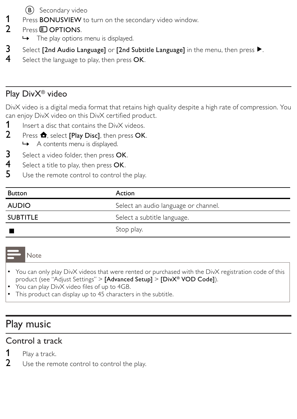 Play music, Play divx, Video | Control a track | Philips BDP2500/12 User Manual | Page 22 / 47