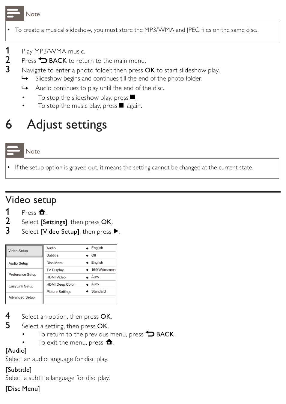 6 adjust settings, Video setup | Philips BDP2500/12 User Manual | Page 25 / 47