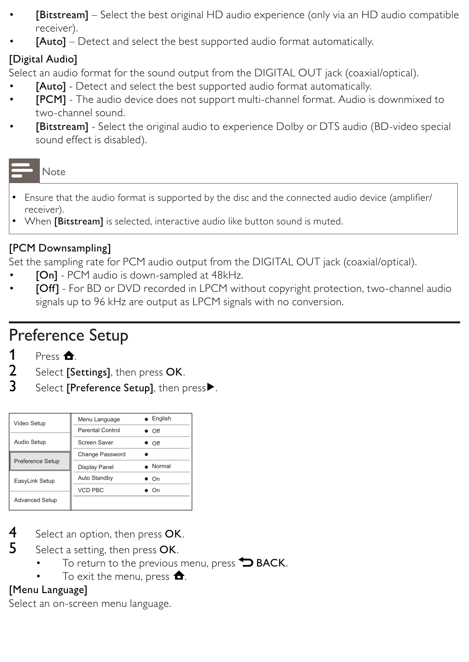 Preference setup | Philips BDP2500/12 User Manual | Page 28 / 47