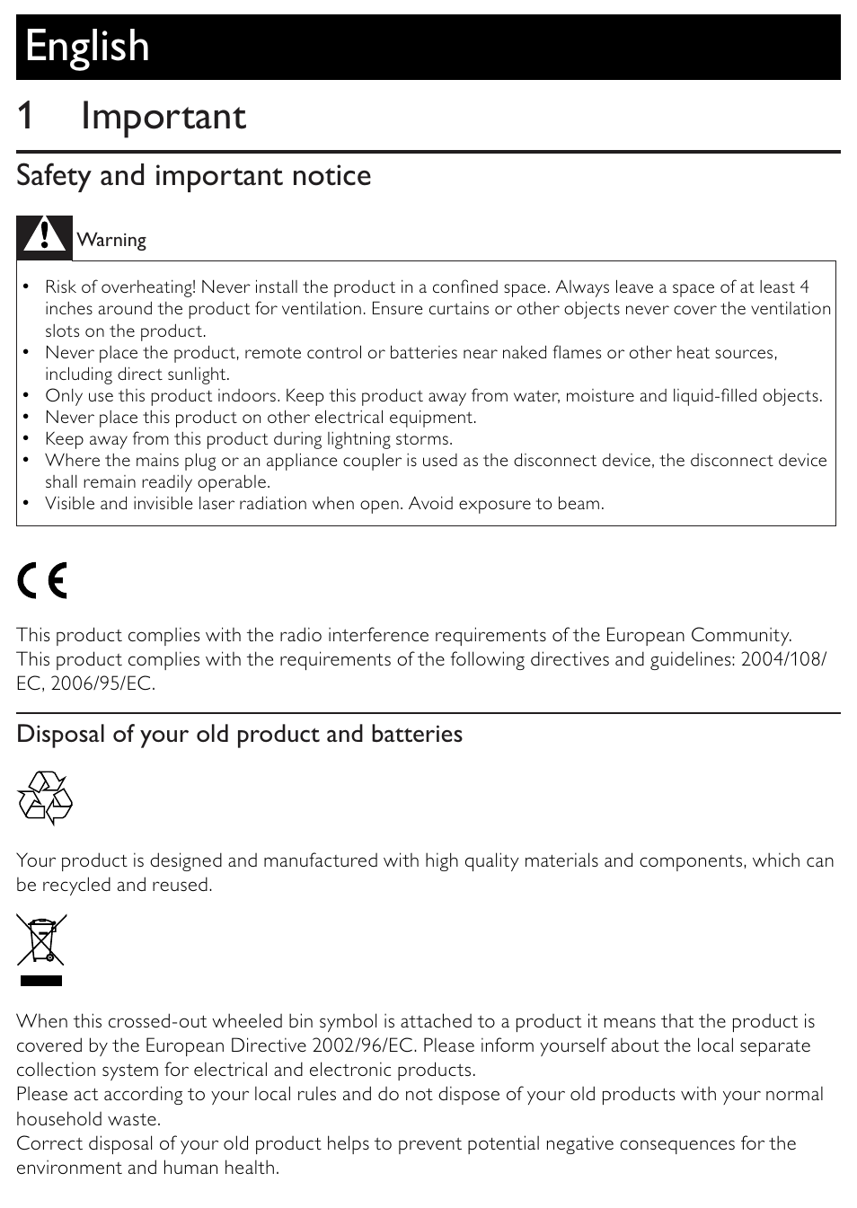 English, 1 important, Safety and important notice | Philips BDP2500/12 User Manual | Page 3 / 47