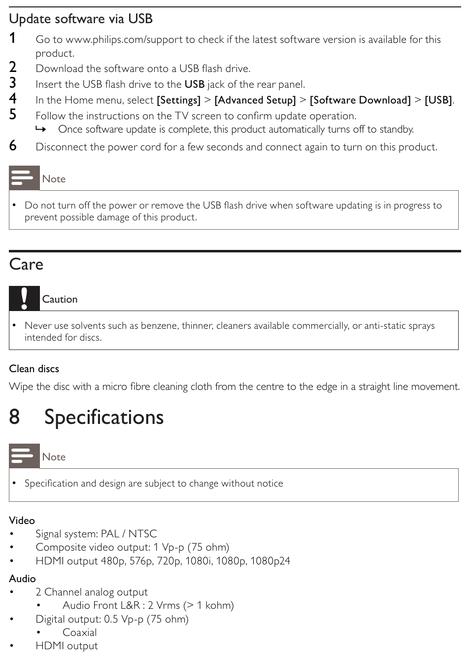 8 specifications, Care, Update software via usb | Philips BDP2500/12 User Manual | Page 33 / 47