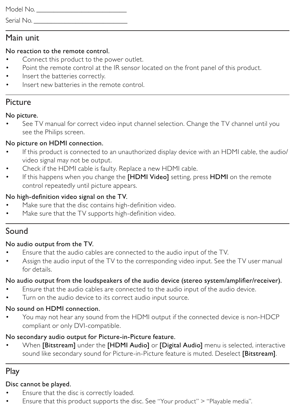 Main unit, Picture, Sound | Play | Philips BDP2500/12 User Manual | Page 35 / 47