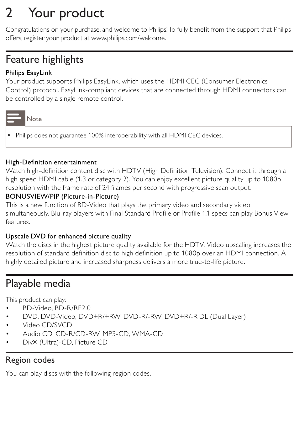 2 your product, Feature highlights, Playable media | Philips BDP2500/12 User Manual | Page 6 / 47