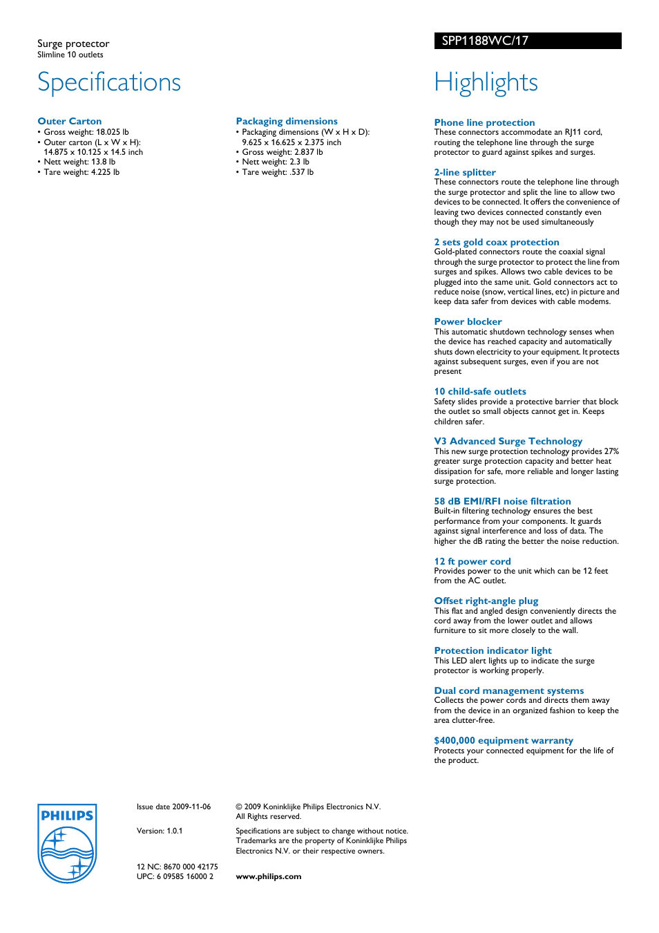 Specifications, Highlights | Philips SPP1188WC User Manual | Page 2 / 2