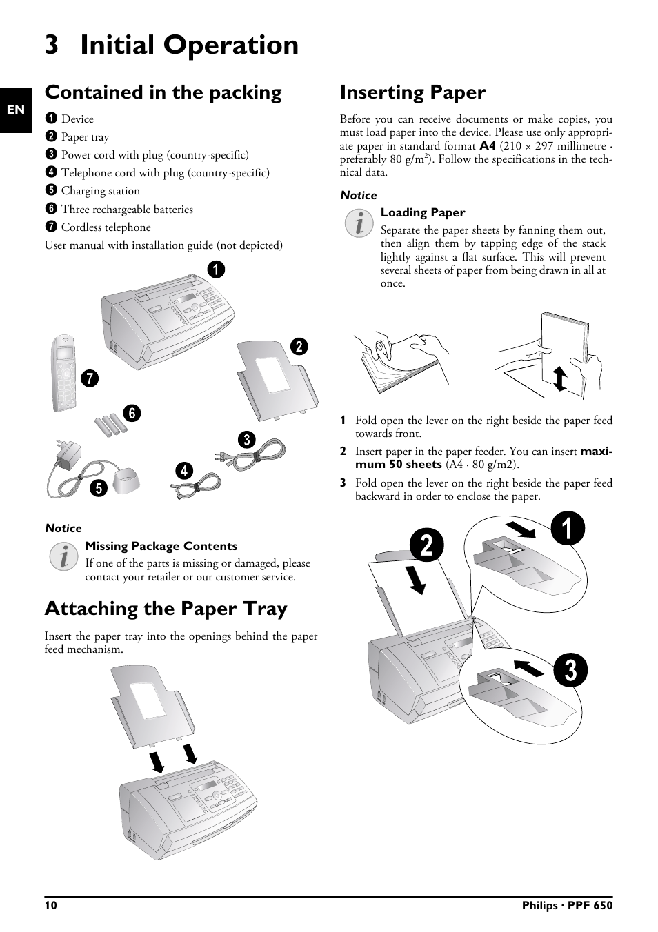 3 initial operation, Contained in the packing, Attaching the paper tray | Inserting paper | Philips MAGIC 5 ECO PPF 650 User Manual | Page 10 / 56