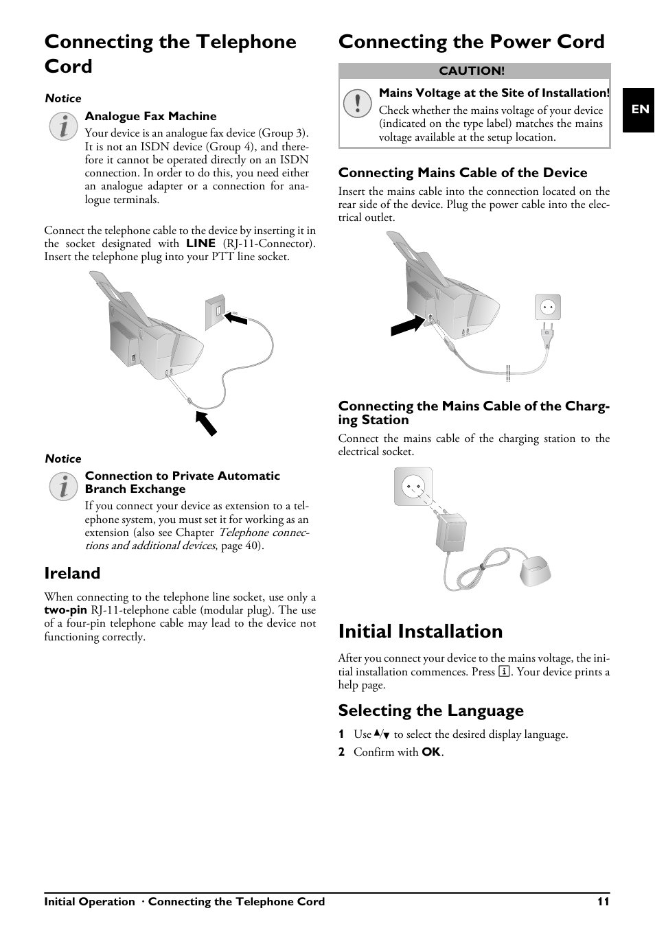 Connecting the telephone cord, Ireland, Connecting the power cord | Initial installation, Selecting the language, Connecting mains cable of the device | Philips MAGIC 5 ECO PPF 650 User Manual | Page 11 / 56