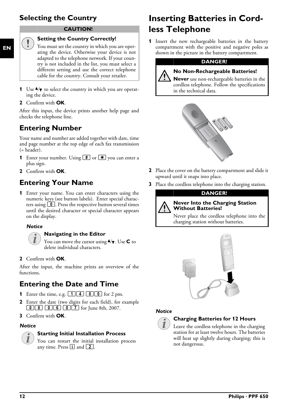 Selecting the country, Entering number, Entering your name | Entering the date and time, Inserting batteries in cordless telephone, Inserting batteries in cord- less telephone | Philips MAGIC 5 ECO PPF 650 User Manual | Page 12 / 56