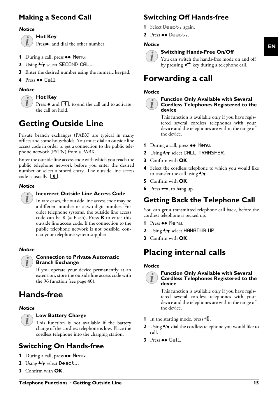 Making a second call, Getting outside line, Hands-free | Switching on hands-free, Switching off hands-free, Forwarding a call, Getting back the telephone call, Placing internal calls | Philips MAGIC 5 ECO PPF 650 User Manual | Page 15 / 56