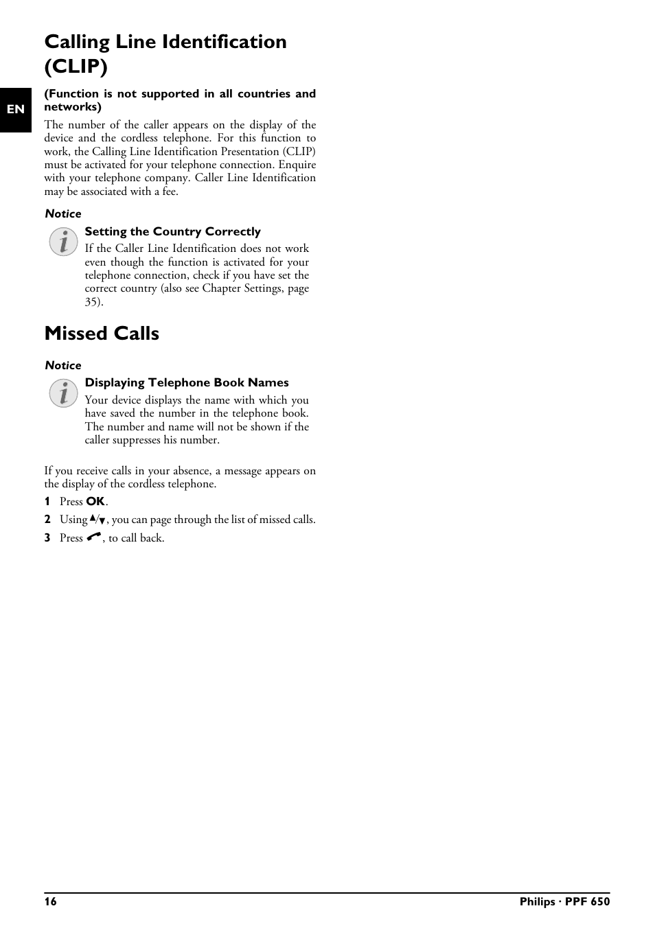 Calling line identification (clip), Missed calls, Calling line identification (clip) missed calls | Philips MAGIC 5 ECO PPF 650 User Manual | Page 16 / 56