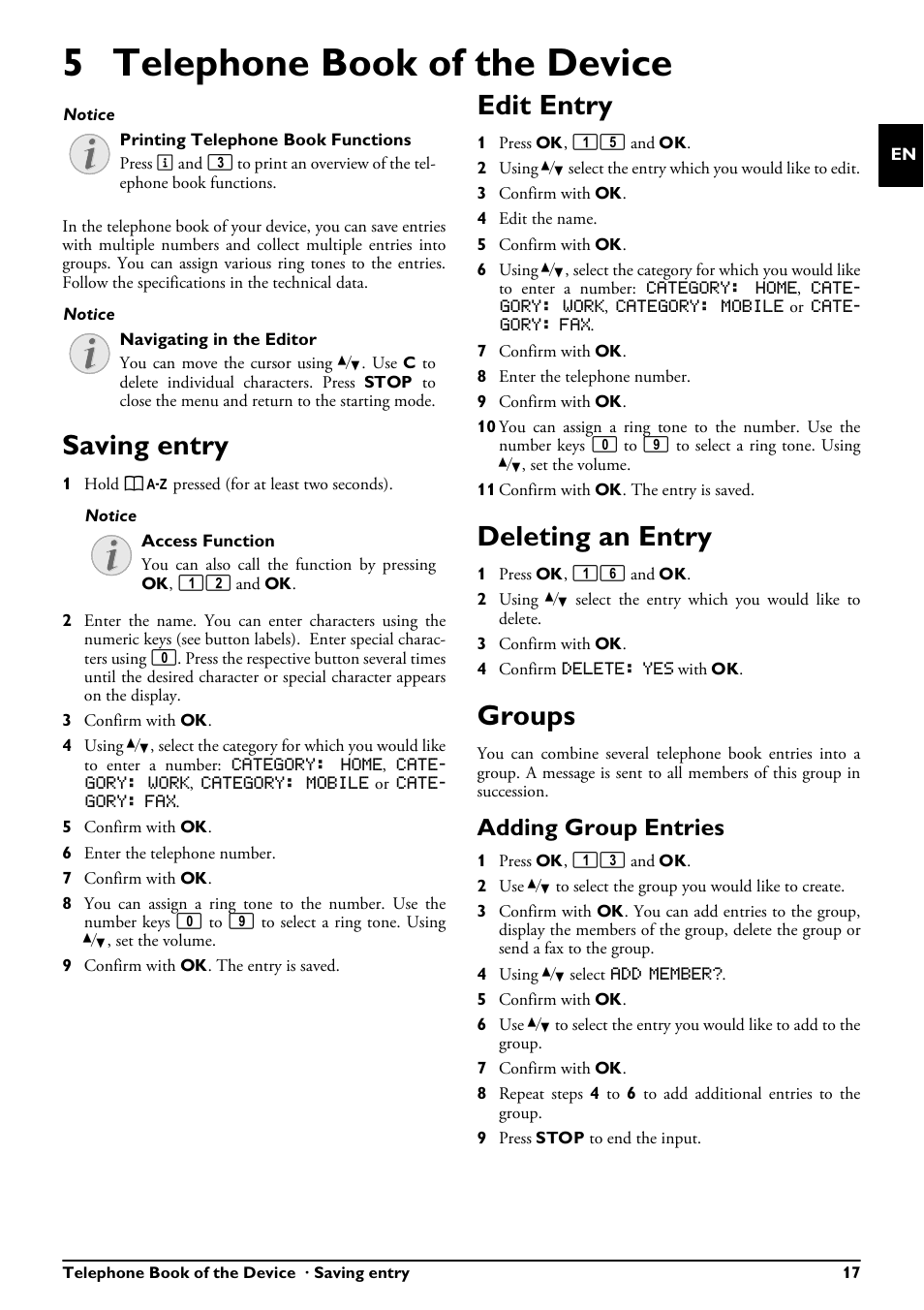 5 telephone book of the device, Saving entry, Edit entry | Deleting an entry, Groups, Adding group entries, Saving entry edit entry deleting an entry groups | Philips MAGIC 5 ECO PPF 650 User Manual | Page 17 / 56