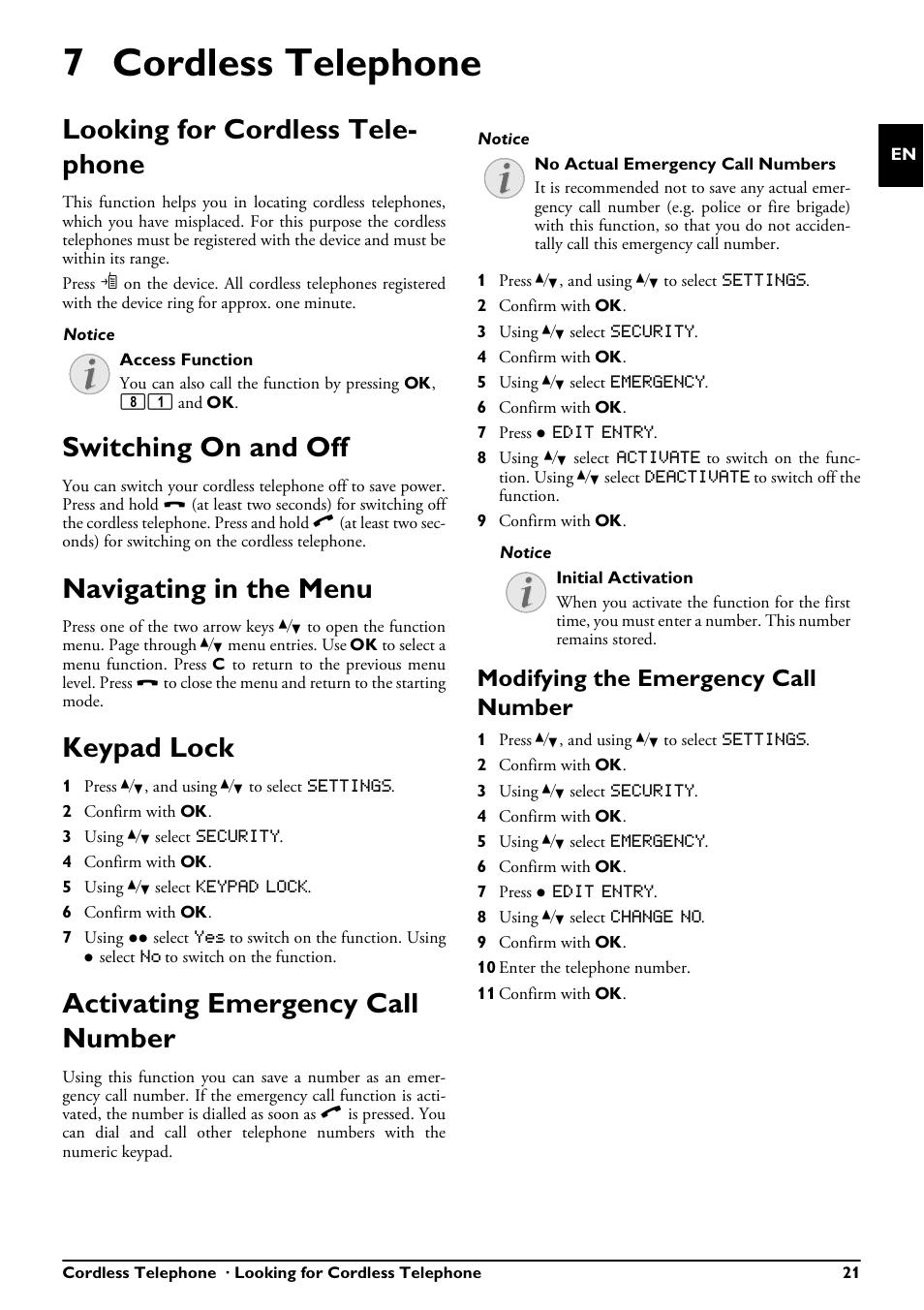 7 cordless telephone, Looking for cordless telephone, Switching on and off | Navigating in the menu, Keypad lock, Activating emergency call number, Modifying the emergency call number, Looking for cordless tele- phone | Philips MAGIC 5 ECO PPF 650 User Manual | Page 21 / 56