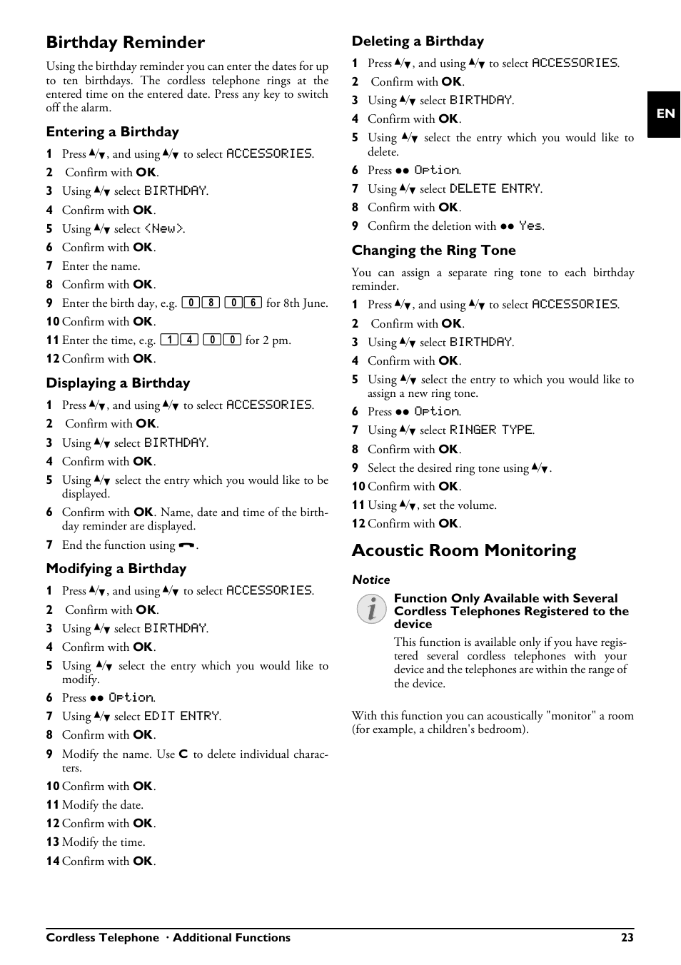 Birthday reminder, Acoustic room monitoring | Philips MAGIC 5 ECO PPF 650 User Manual | Page 23 / 56