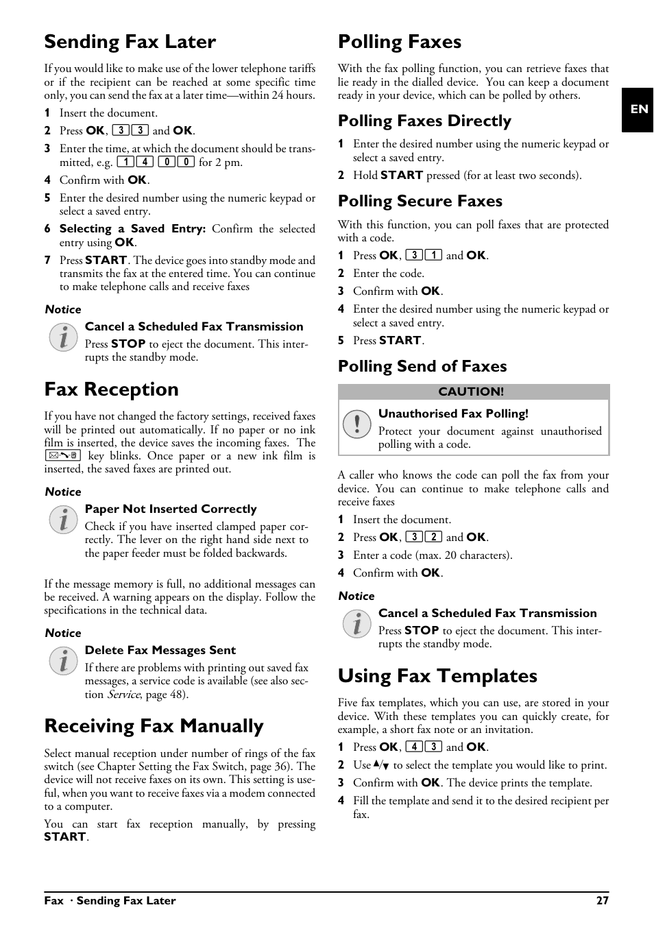 Sending fax later, Fax reception, Receiving fax manually | Polling faxes, Polling faxes directly, Polling secure faxes, Polling send of faxes, Using fax templates | Philips MAGIC 5 ECO PPF 650 User Manual | Page 27 / 56