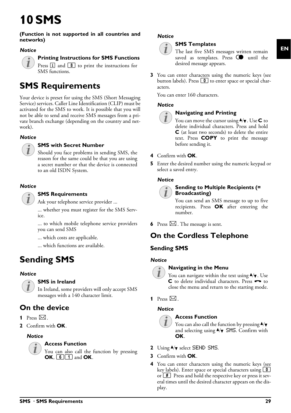 10 sms, Sms requirements, Sending sms | On the device, On the cordless telephone, Sms requirements sending sms | Philips MAGIC 5 ECO PPF 650 User Manual | Page 29 / 56