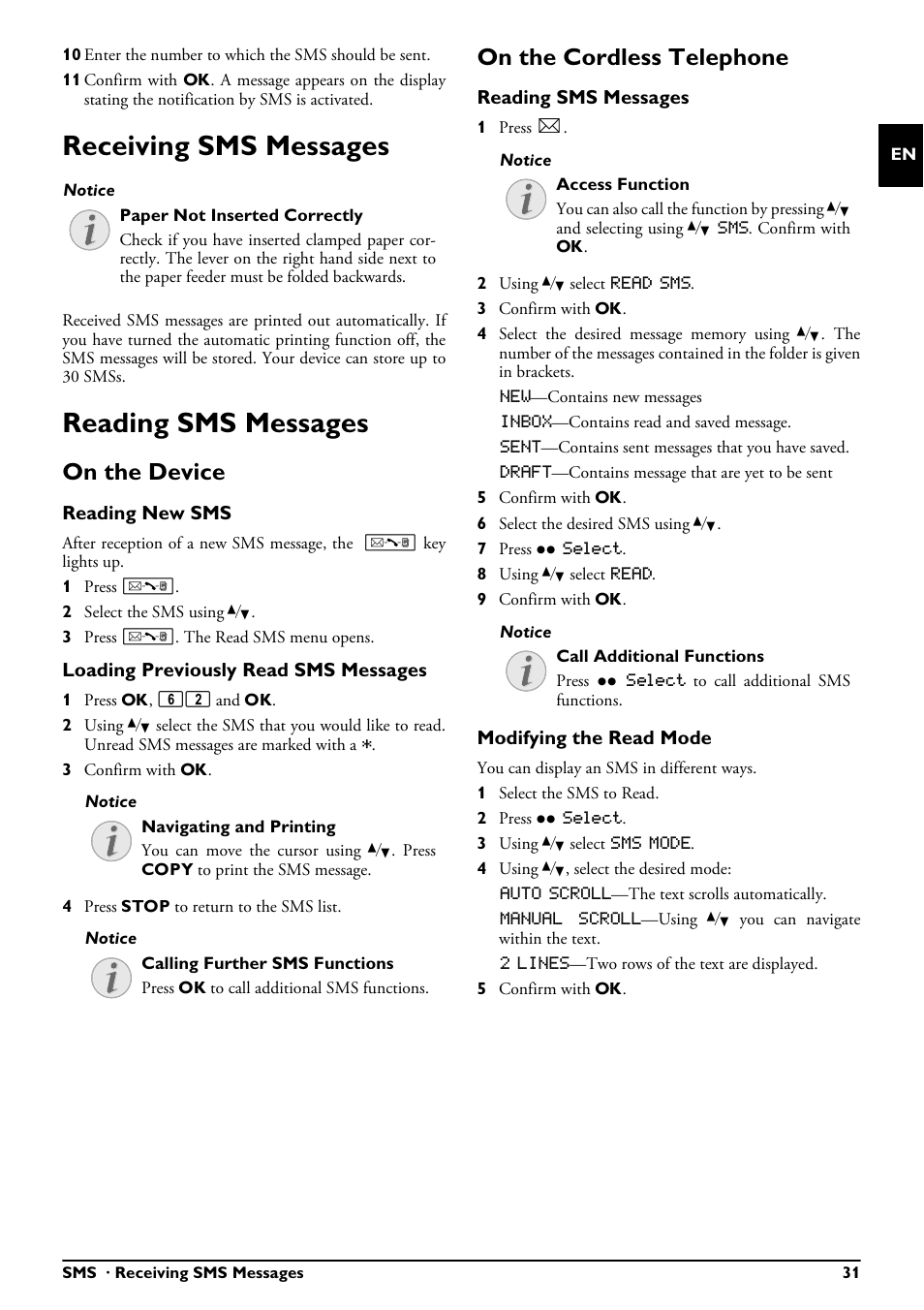 Receiving sms messages, Reading sms messages, On the device | On the cordless telephone, Receiving sms messages reading sms messages | Philips MAGIC 5 ECO PPF 650 User Manual | Page 31 / 56