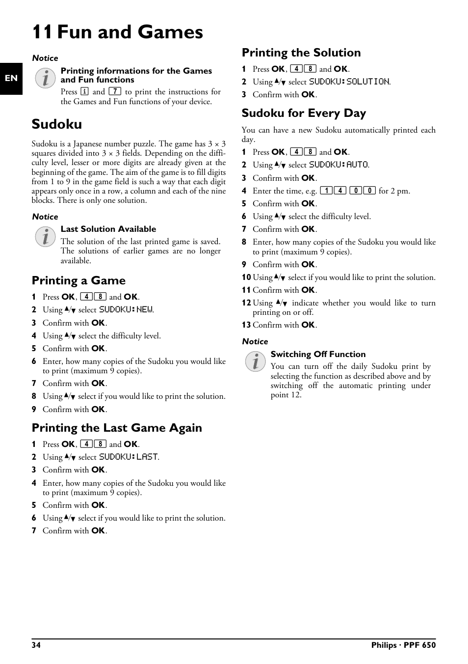 11 fun and games, Sudoku, Printing a game | Printing the last game again, Printing the solution, Sudoku for every day | Philips MAGIC 5 ECO PPF 650 User Manual | Page 34 / 56