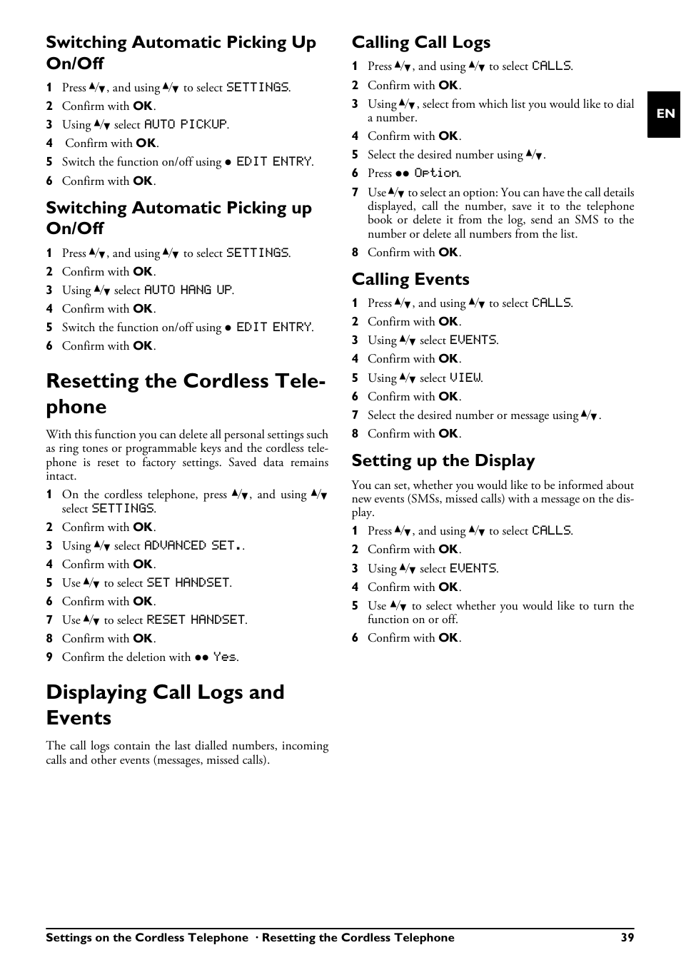 Switching automatic picking up on/off, Resetting the cordless telephone, Displaying call logs and events | Calling call logs, Calling events, Setting up the display, Resetting the cordless tele- phone | Philips MAGIC 5 ECO PPF 650 User Manual | Page 39 / 56