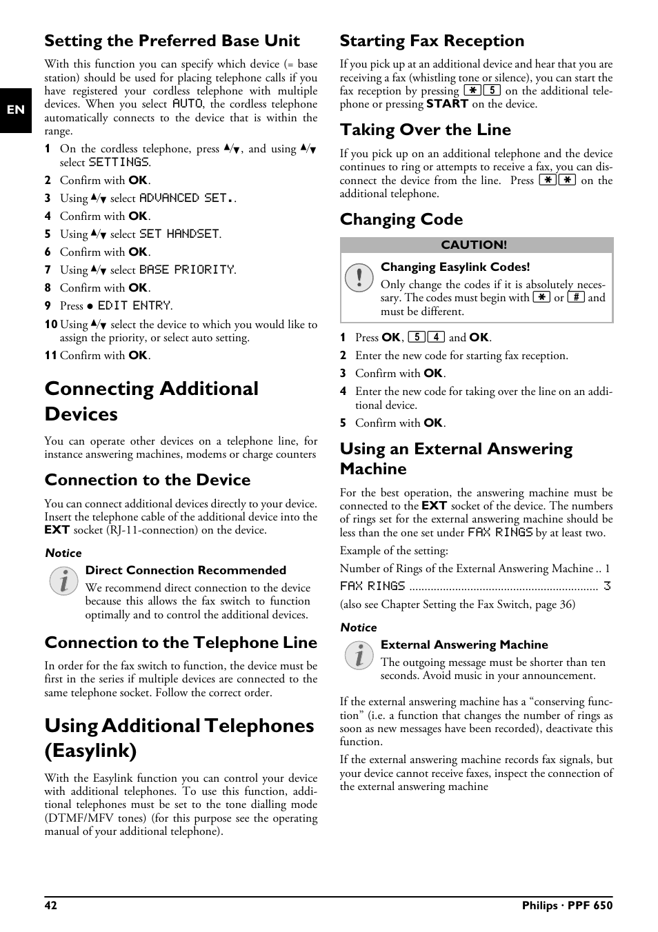 Setting the preferred base unit, Connecting additional devices, Connection to the device | Connection to the telephone line, Using additional telephones (easylink), Starting fax reception, Taking over the line, Changing code, Using an external answering machine | Philips MAGIC 5 ECO PPF 650 User Manual | Page 42 / 56