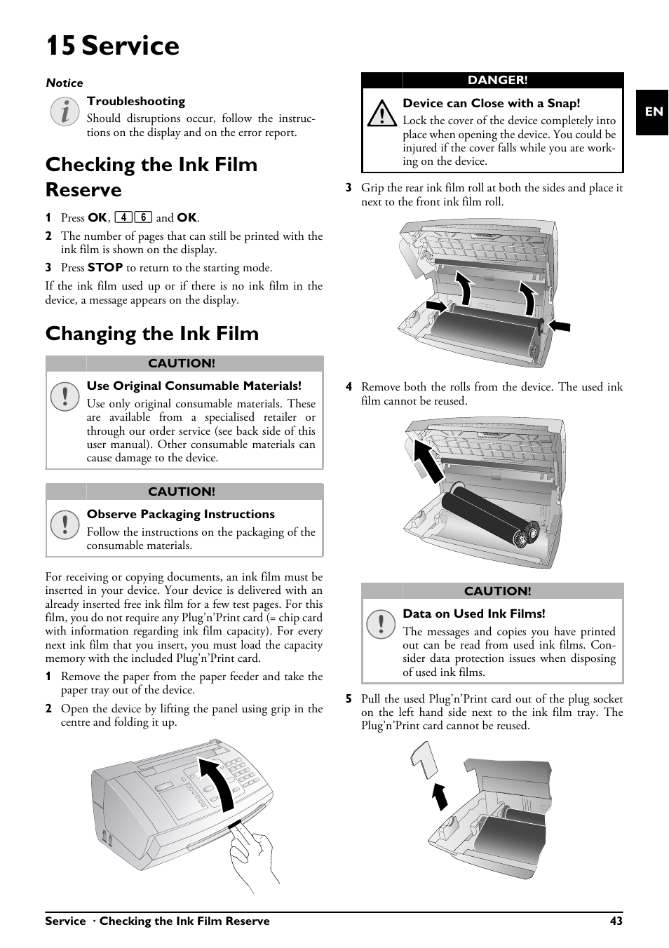 15 service, Checking the ink film reserve, Changing the ink film | Philips MAGIC 5 ECO PPF 650 User Manual | Page 43 / 56