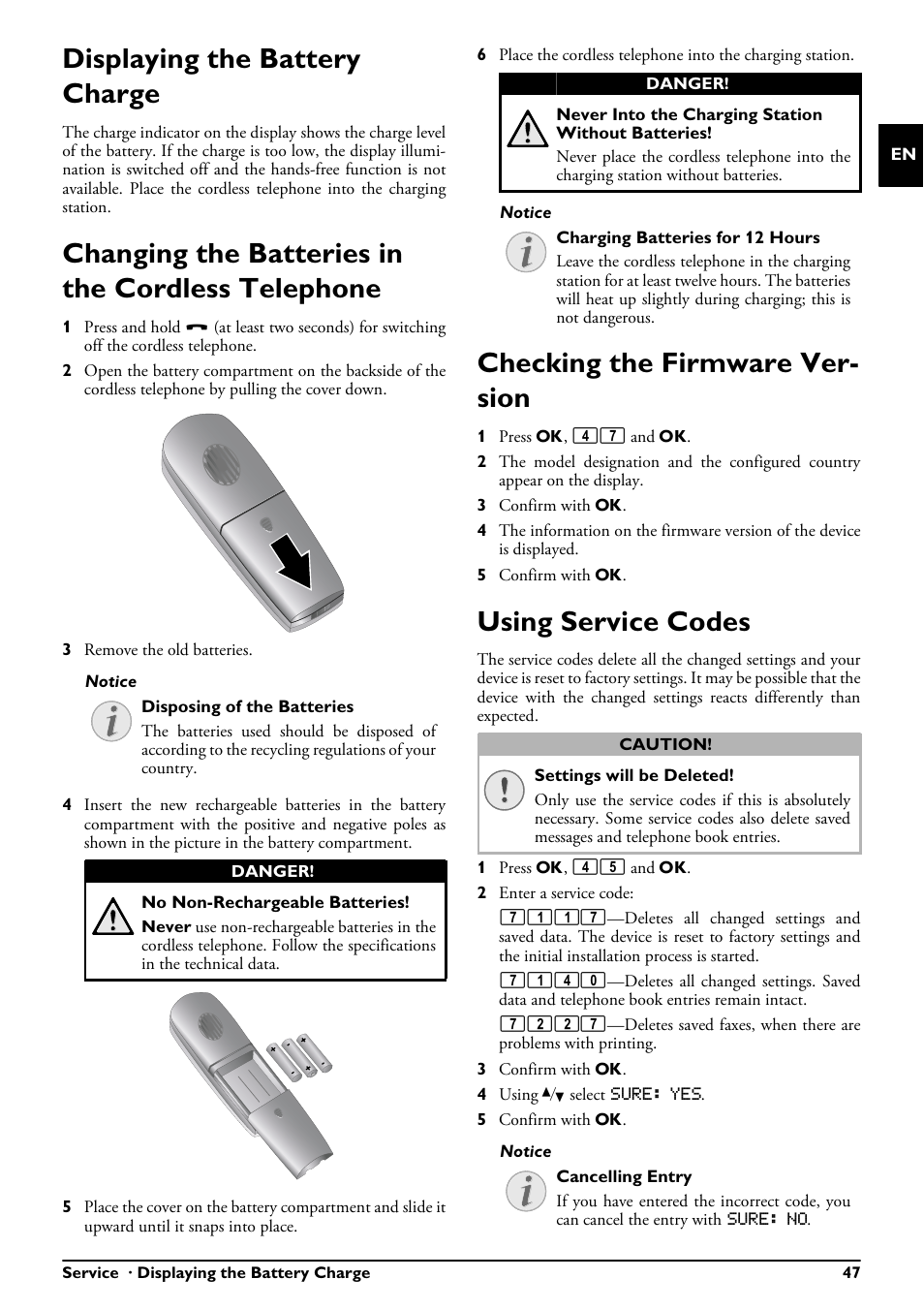 Displaying the battery charge, Changing the batteries in the cordless telephone, Checking the firmware version | Using service codes, Checking the firmware ver- sion | Philips MAGIC 5 ECO PPF 650 User Manual | Page 47 / 56