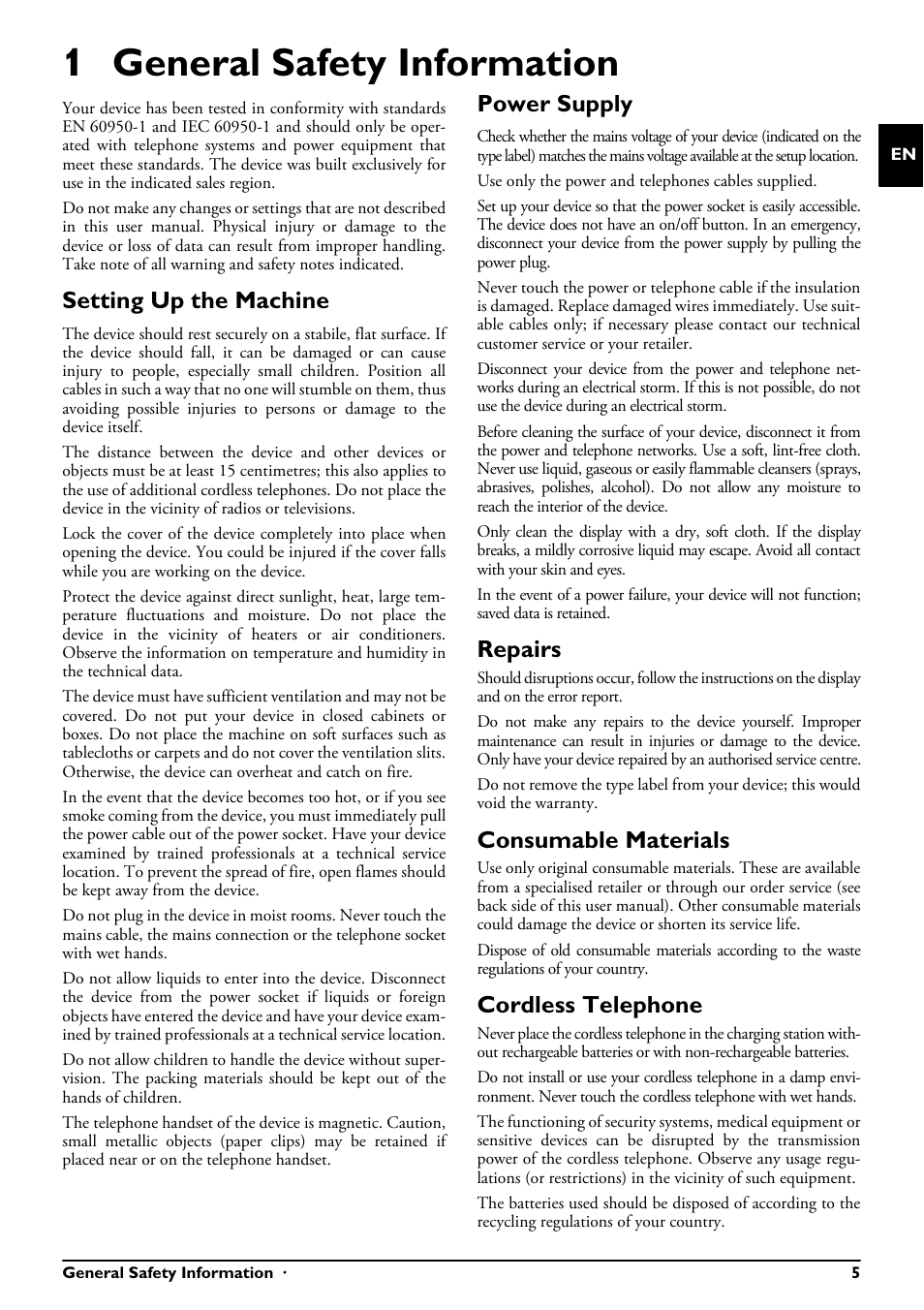 1 general safety information, Setting up the machine, Power supply | Repairs, Consumable materials, Cordless telephone, General safety information · 5, Use only the power and telephones cables supplied | Philips MAGIC 5 ECO PPF 650 User Manual | Page 5 / 56