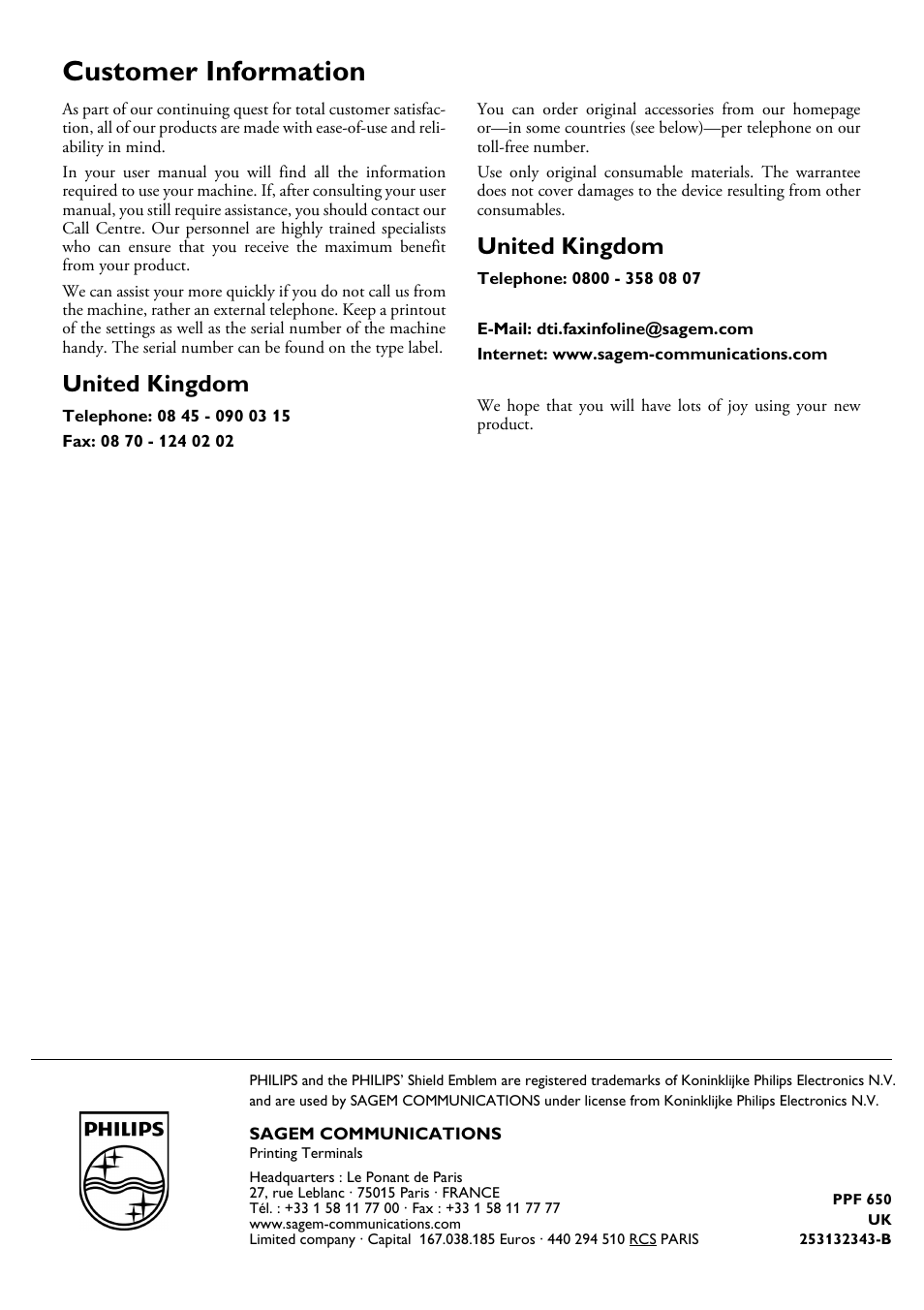 Customer information, United kingdom, Sagem communications | Philips MAGIC 5 ECO PPF 650 User Manual | Page 56 / 56