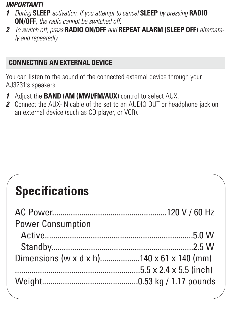 Specifications | Philips AJ3231/37 User Manual | Page 11 / 15