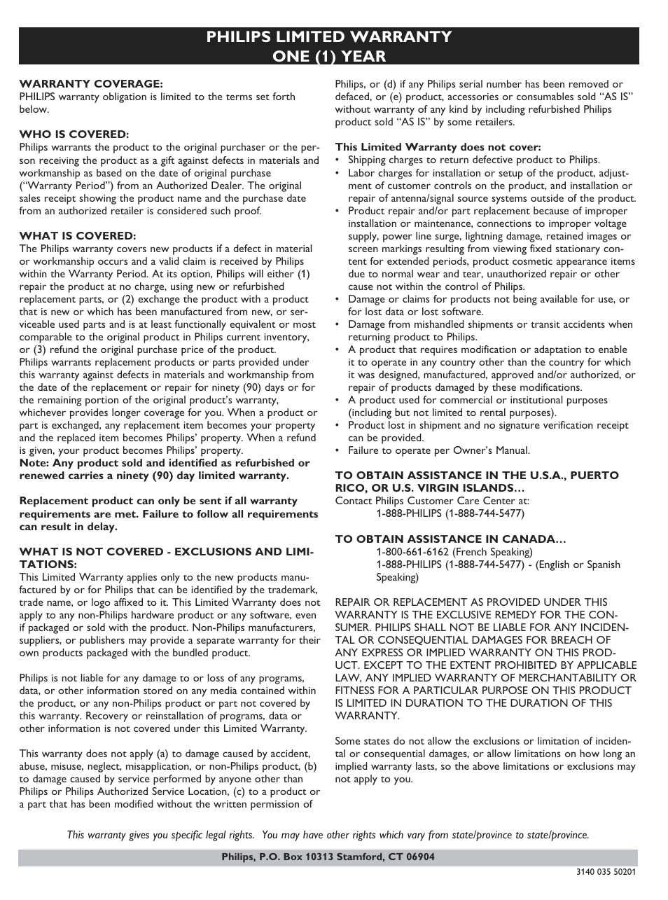 Philips limited warranty one (1) year | Philips AJ3231/37 User Manual | Page 5 / 15