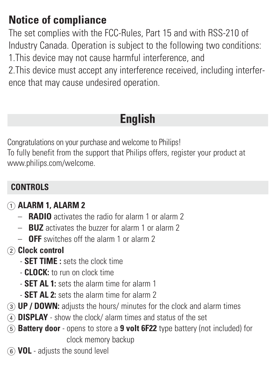 English, Notice of compliance | Philips AJ3231/37 User Manual | Page 6 / 15