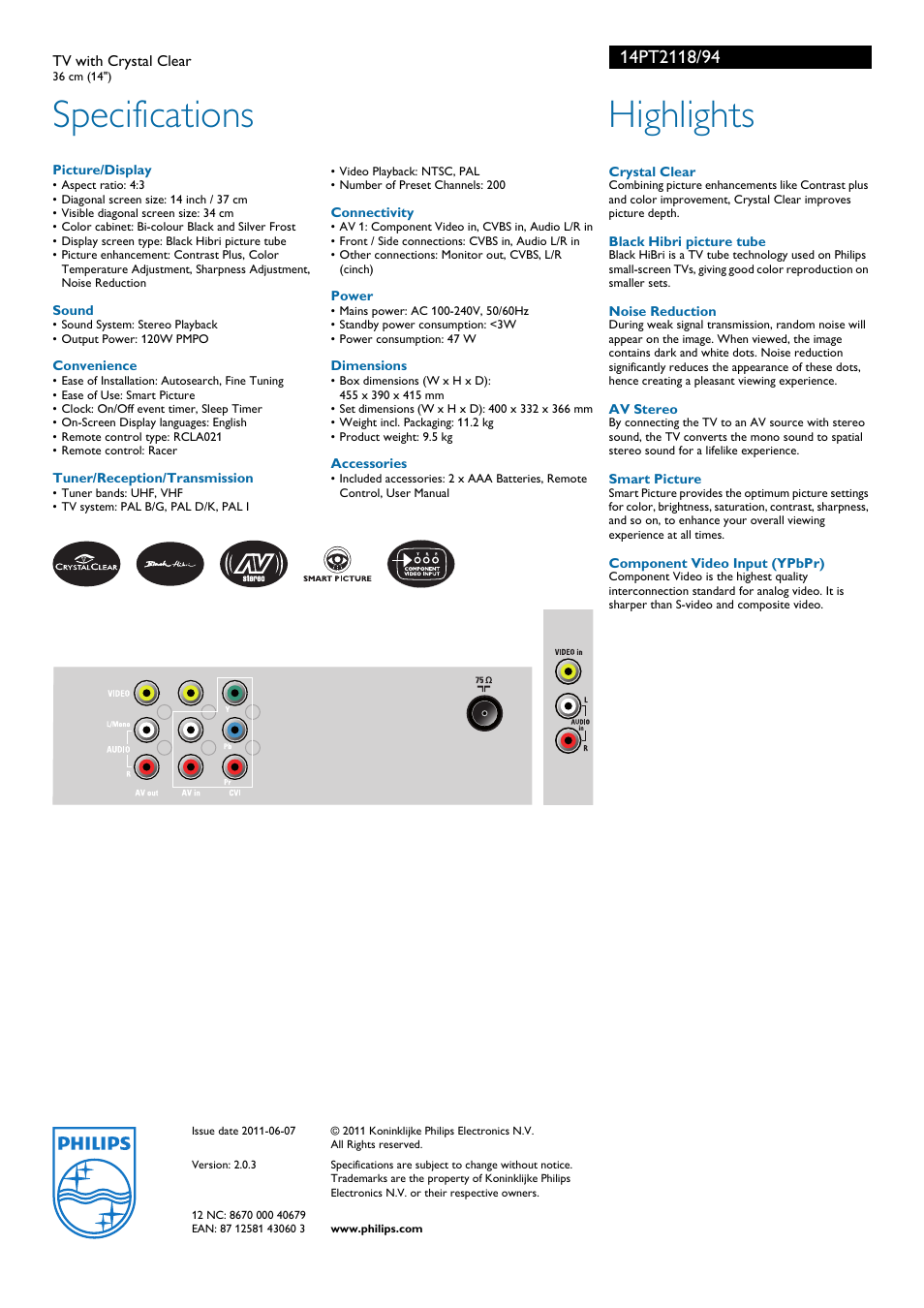 Specifications, Highlights | Philips 14PT2118 User Manual | Page 2 / 2