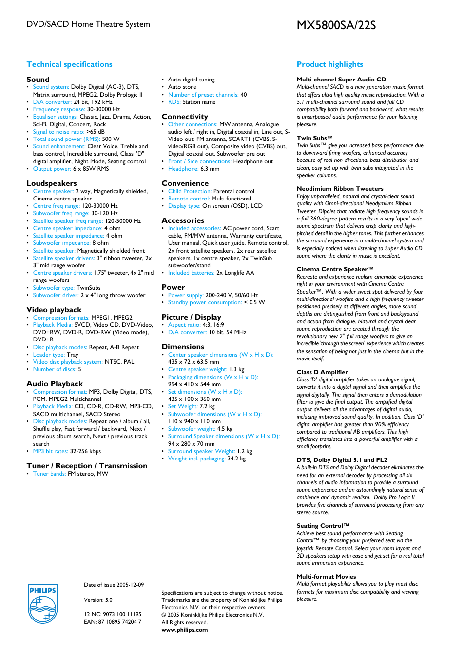 Dvd/sacd home theatre system | Philips MX5800SA User Manual | Page 2 / 2