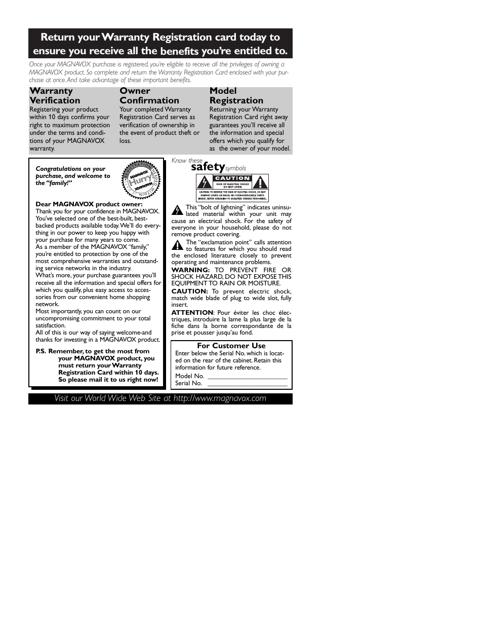 Safety, Warranty verification, Owner confirmation | Model registration, Hurry | Philips 13MT1532 User Manual | Page 2 / 34