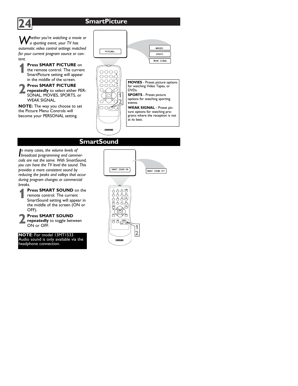 Smartpicture, Smartsound | Philips 13MT1532 User Manual | Page 28 / 34