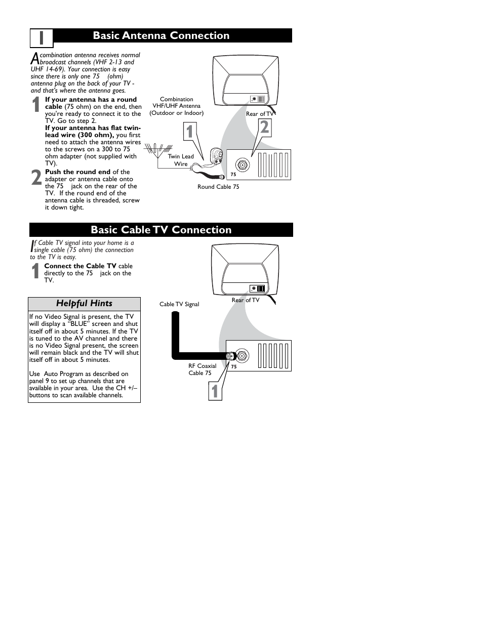 Basic cable tv connection basic antenna connection | Philips 13MT1532 User Manual | Page 5 / 34