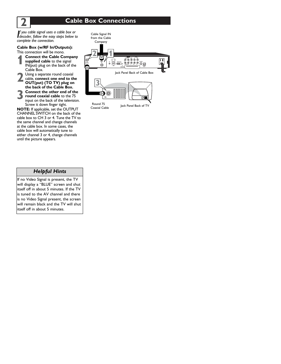 Cable box connections, Helpful hints | Philips 13MT1532 User Manual | Page 6 / 34