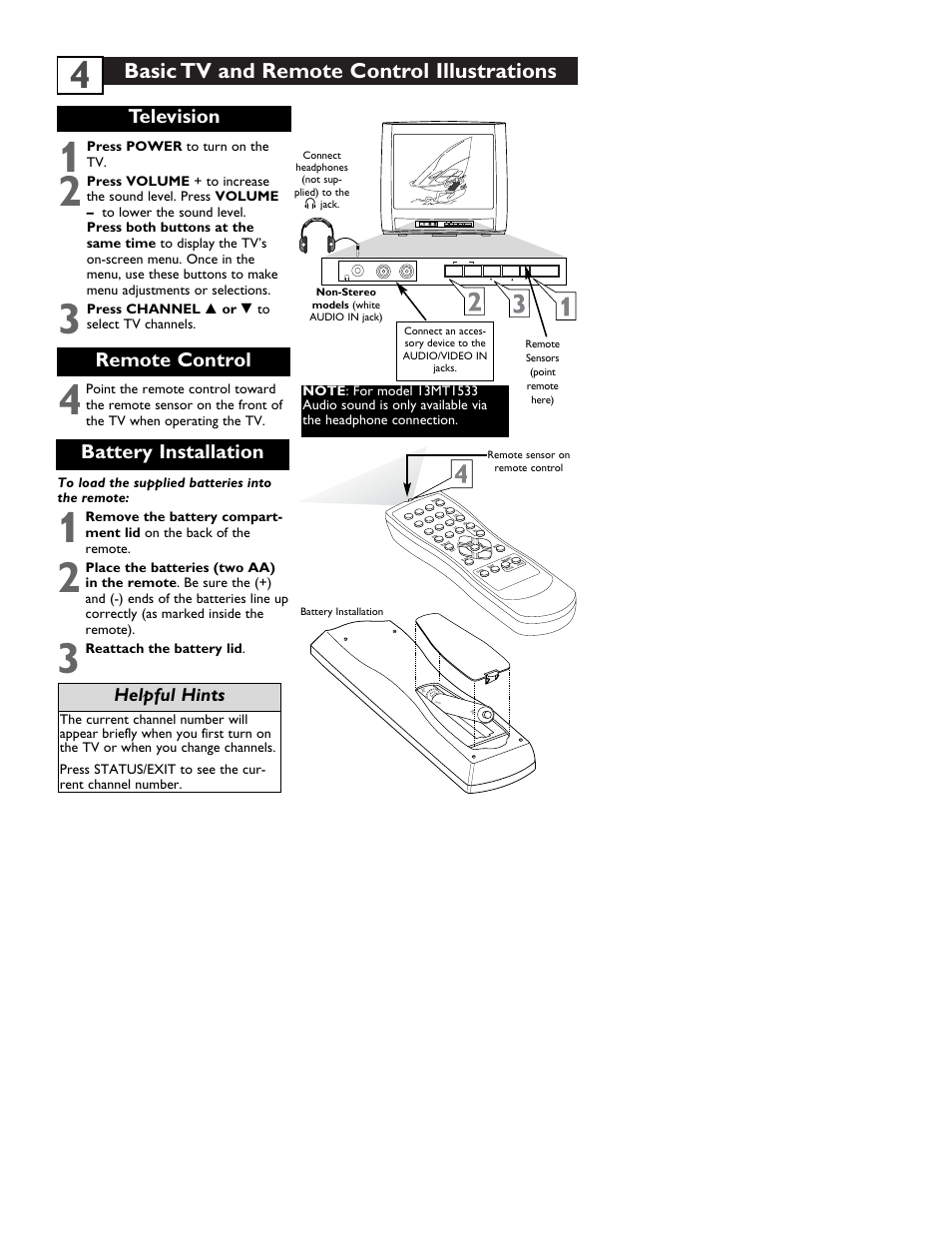 Basic tv and remote control illustrations, Television, Remote control | Battery installation, Helpful hints | Philips 13MT1532 User Manual | Page 8 / 34