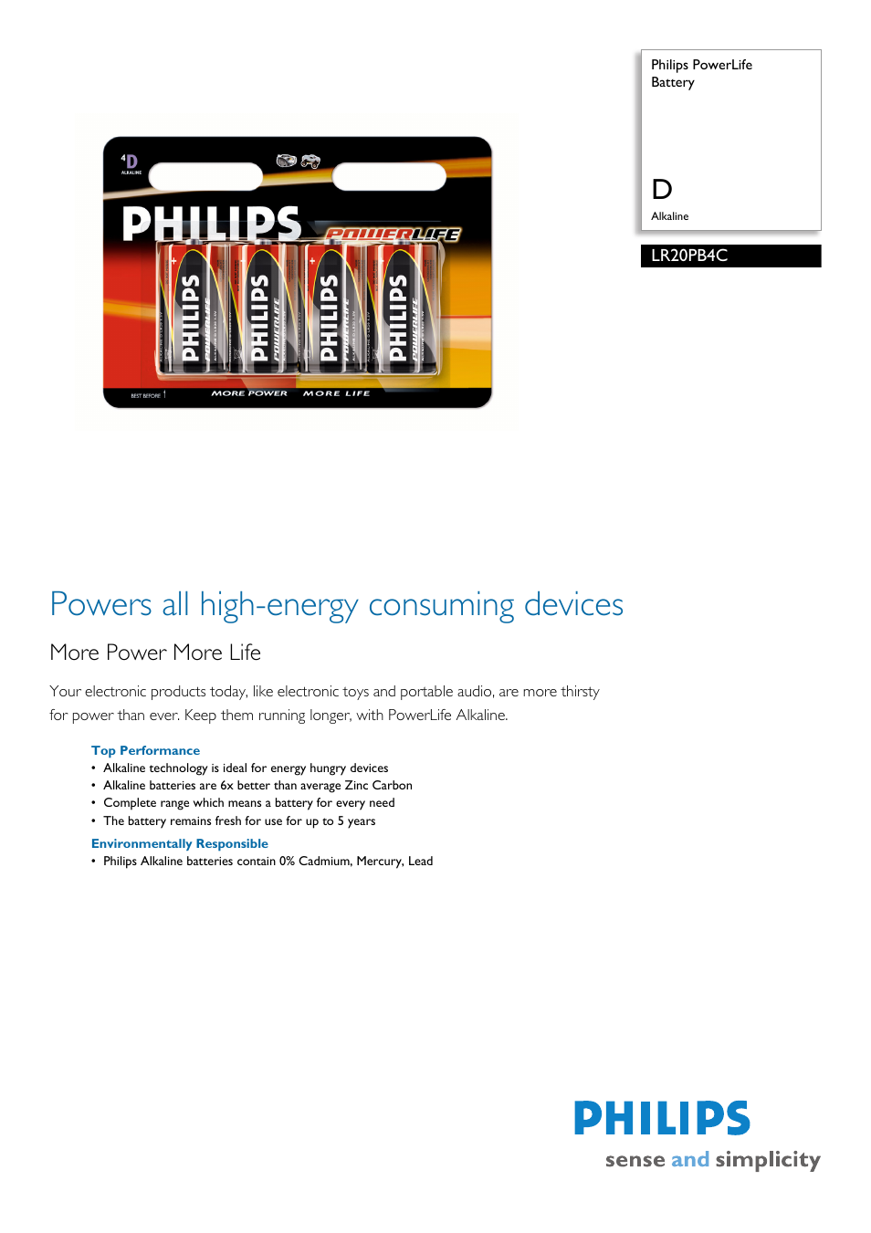 Philips Power Life LR20PB4C User Manual | 2 pages