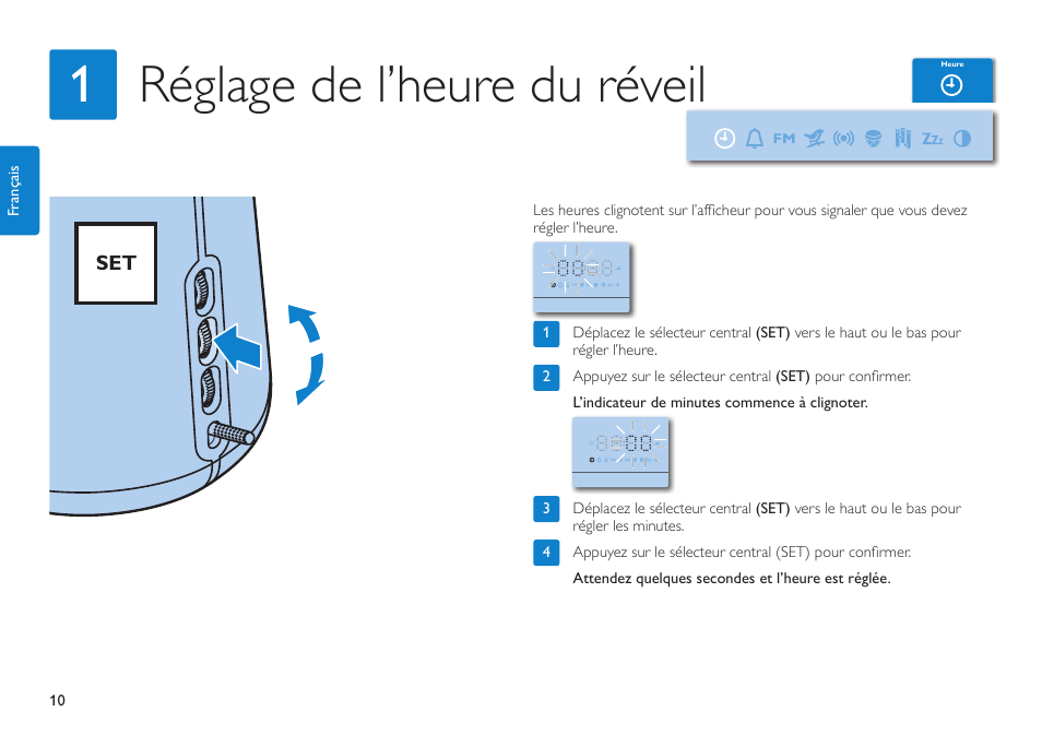 Réglage de l’heure du réveil 1 | Philips HF3480/60 User Manual | Page 10 / 24