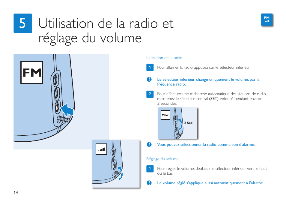 Utilisation de la radio et réglage du volume 5 | Philips HF3480/60 User Manual | Page 14 / 24