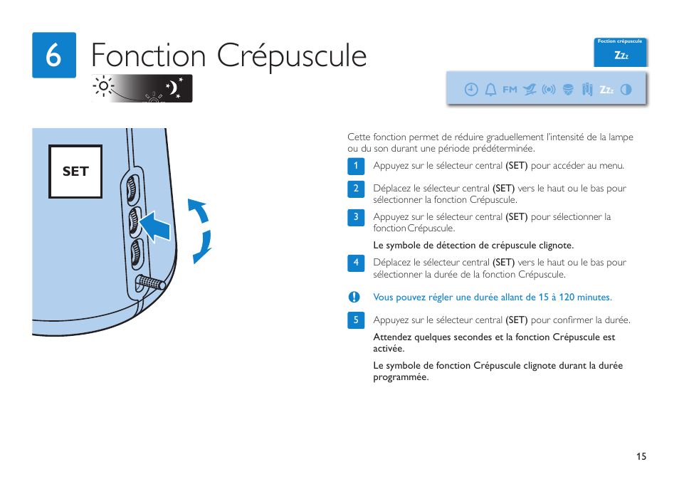 Fonction crépuscule 6 | Philips HF3480/60 User Manual | Page 15 / 24