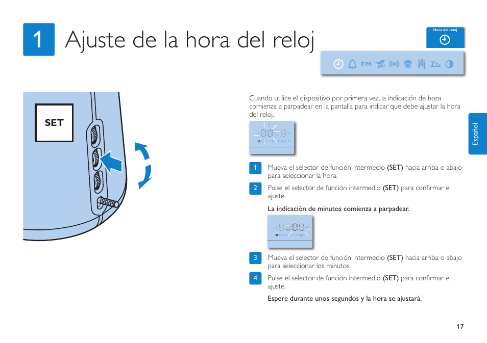 1ajuste de la hora del reloj | Philips HF3480/60 User Manual | Page 17 / 24