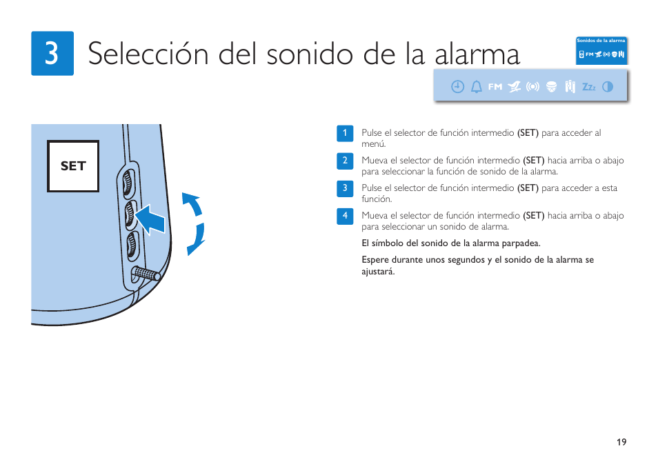 3selección del sonido de la alarma | Philips HF3480/60 User Manual | Page 19 / 24