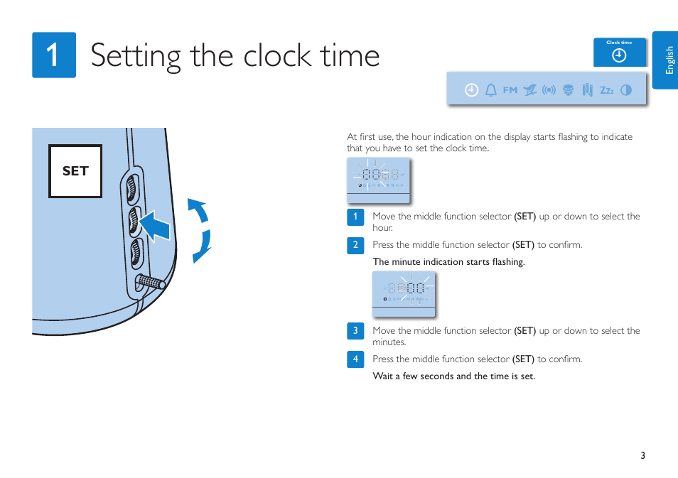 Setting the clock time 1 | Philips HF3480/60 User Manual | Page 3 / 24